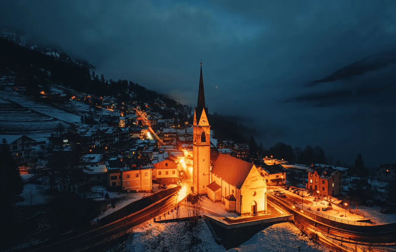Photo wallpaper winter, snow, the city, Italy, Church, night, winter, view
