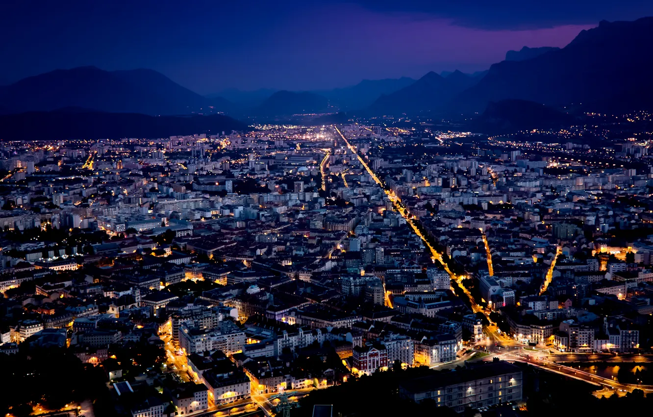 Photo wallpaper the sky, mountains, night, city, the city, lights, lights, paint