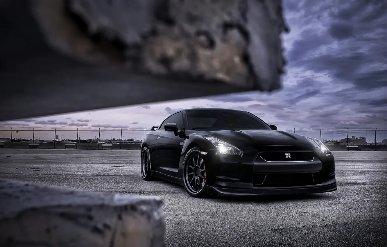 Photo wallpaper the sky, black, tuning, GTR, supercar, Nissan, Nissan, tuning
