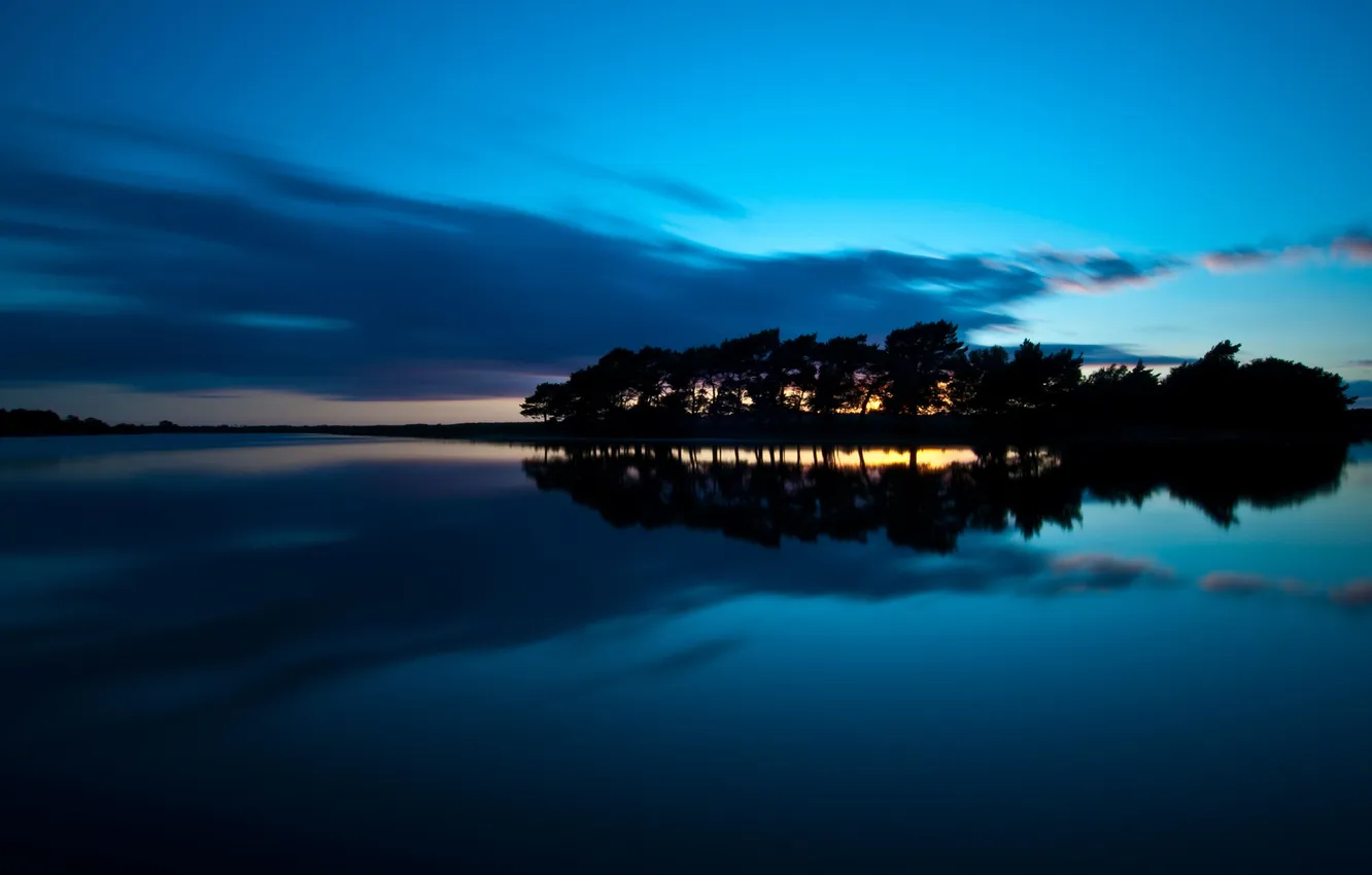 Photo wallpaper water, trees, landscape, night, surface, island, the evening