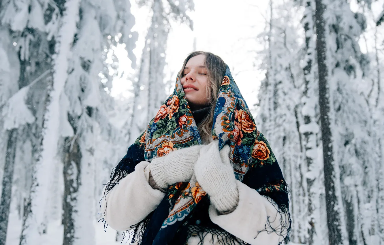 Photo wallpaper winter, frost, forest, girl, snow, trees, flowers, branches