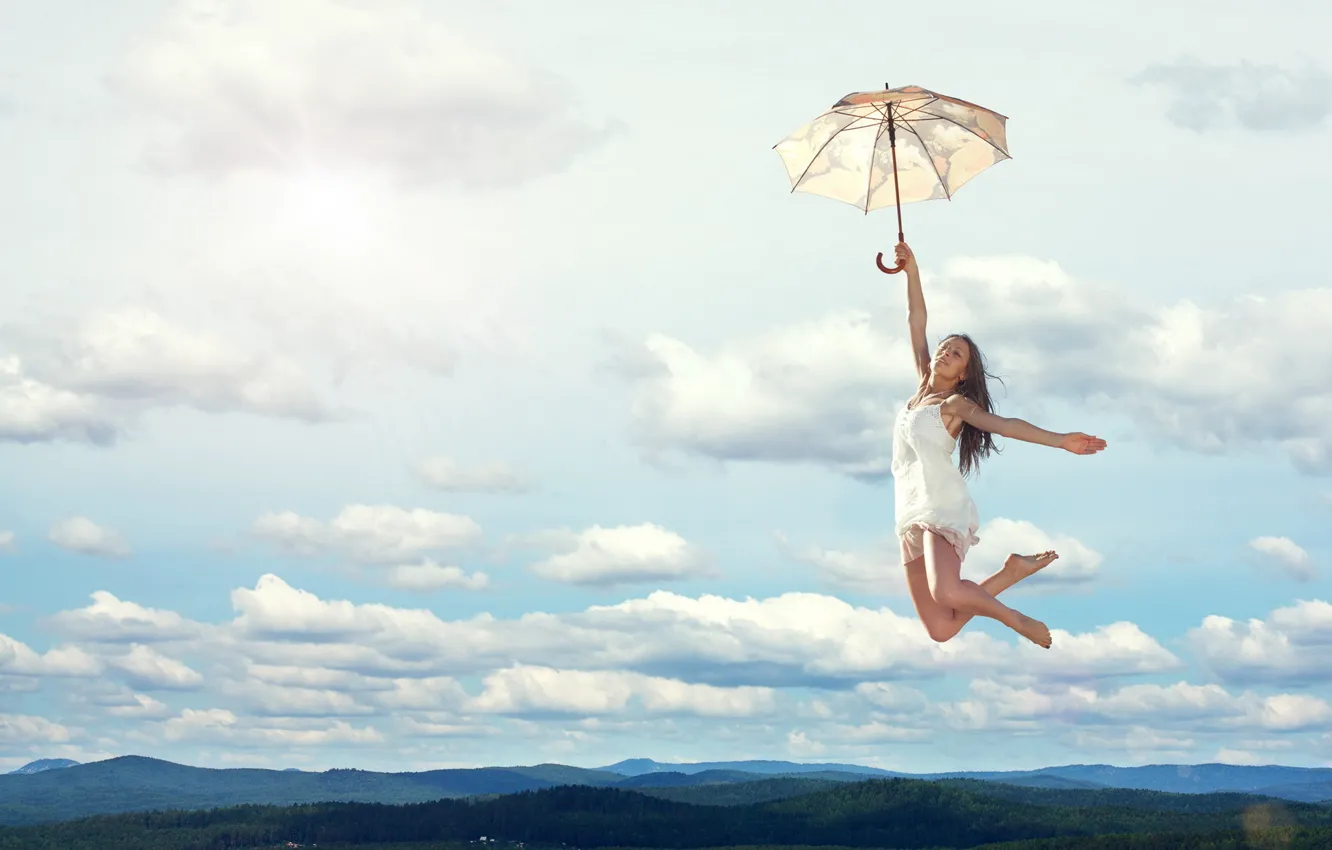 Photo wallpaper girl, umbrella, flight