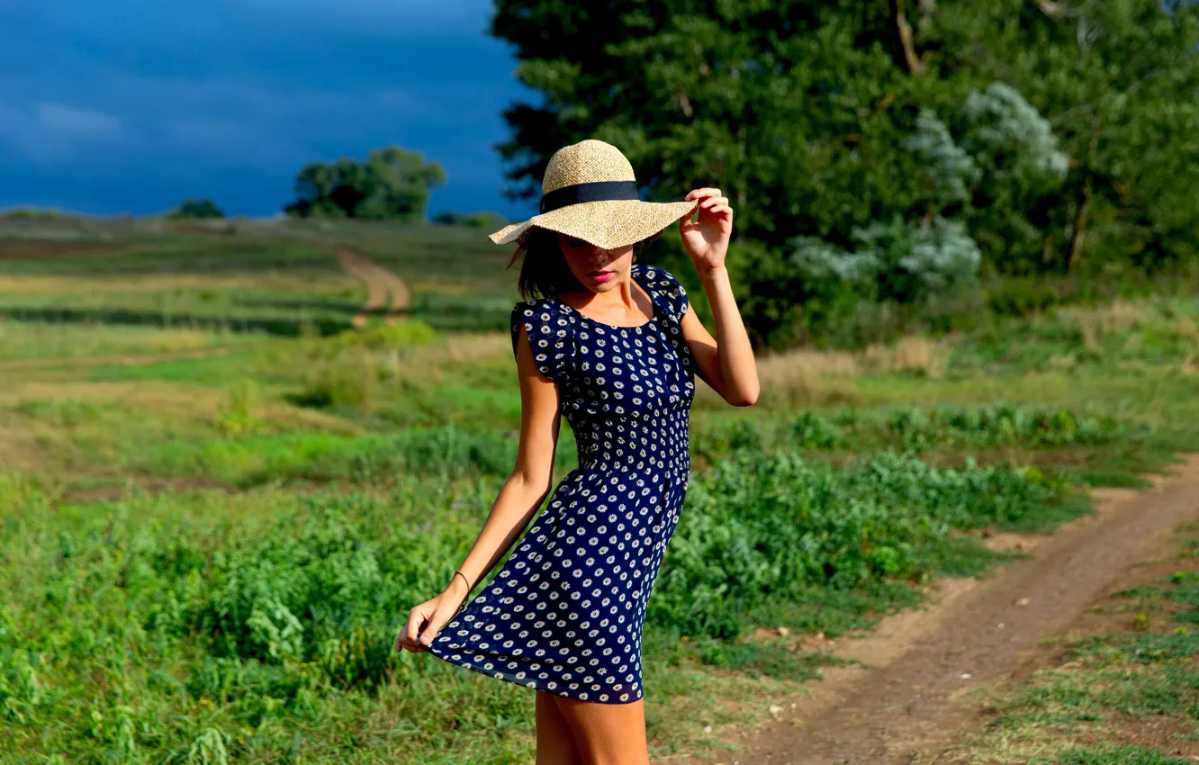 Photo wallpaper dress, field, hat, woman, young, beautiful, perfect, Ukraine