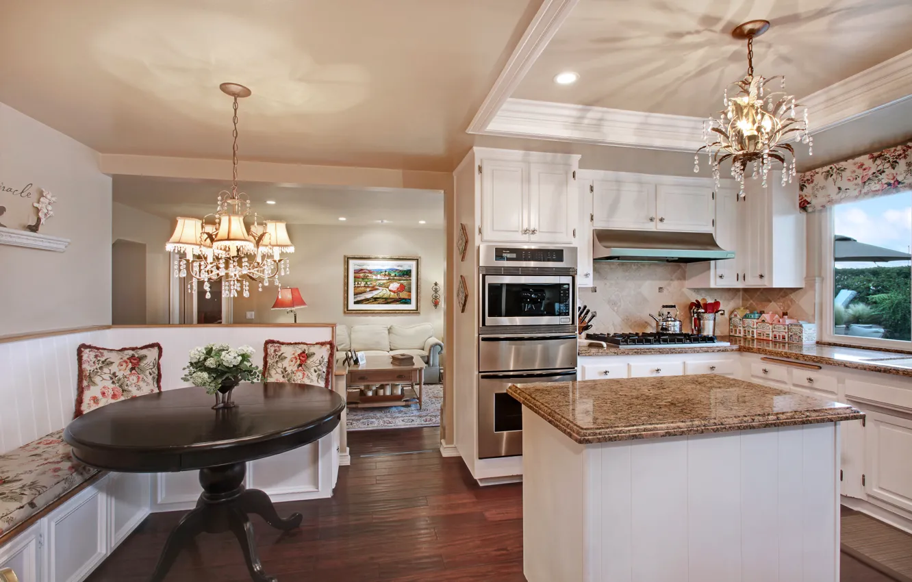 Photo wallpaper table, furniture, Villa, interior, kitchen, chandelier, cottage, luxury