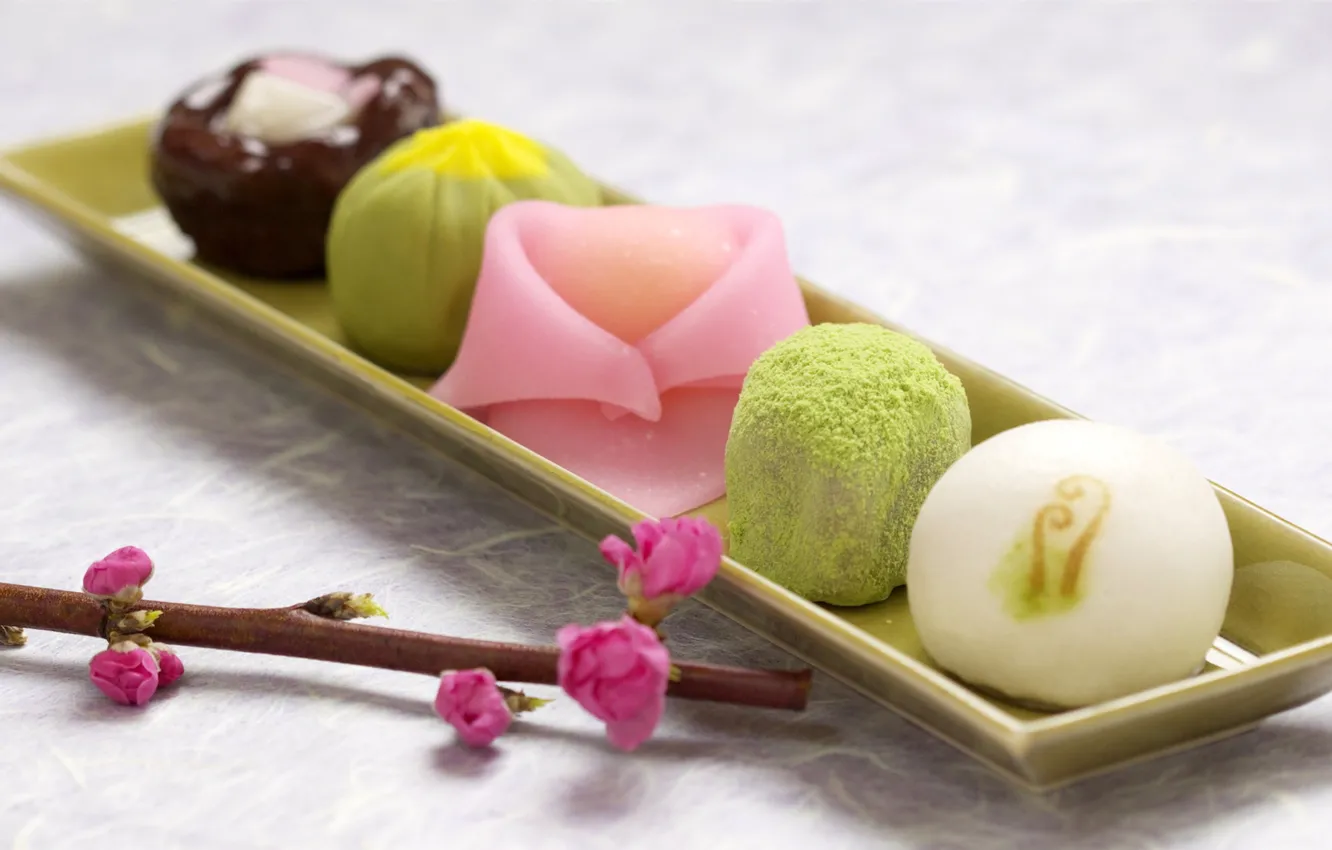 Photo wallpaper Japan, Japanese cuisine, serving, Sakura, wagashi