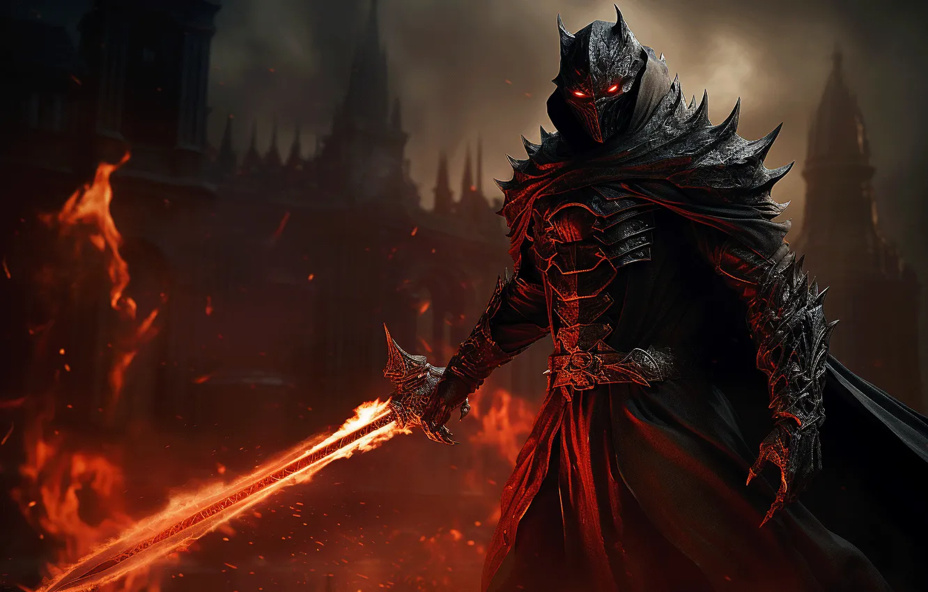Photo wallpaper sword, armor, weapon, digital art, building, knight, standing, cape
