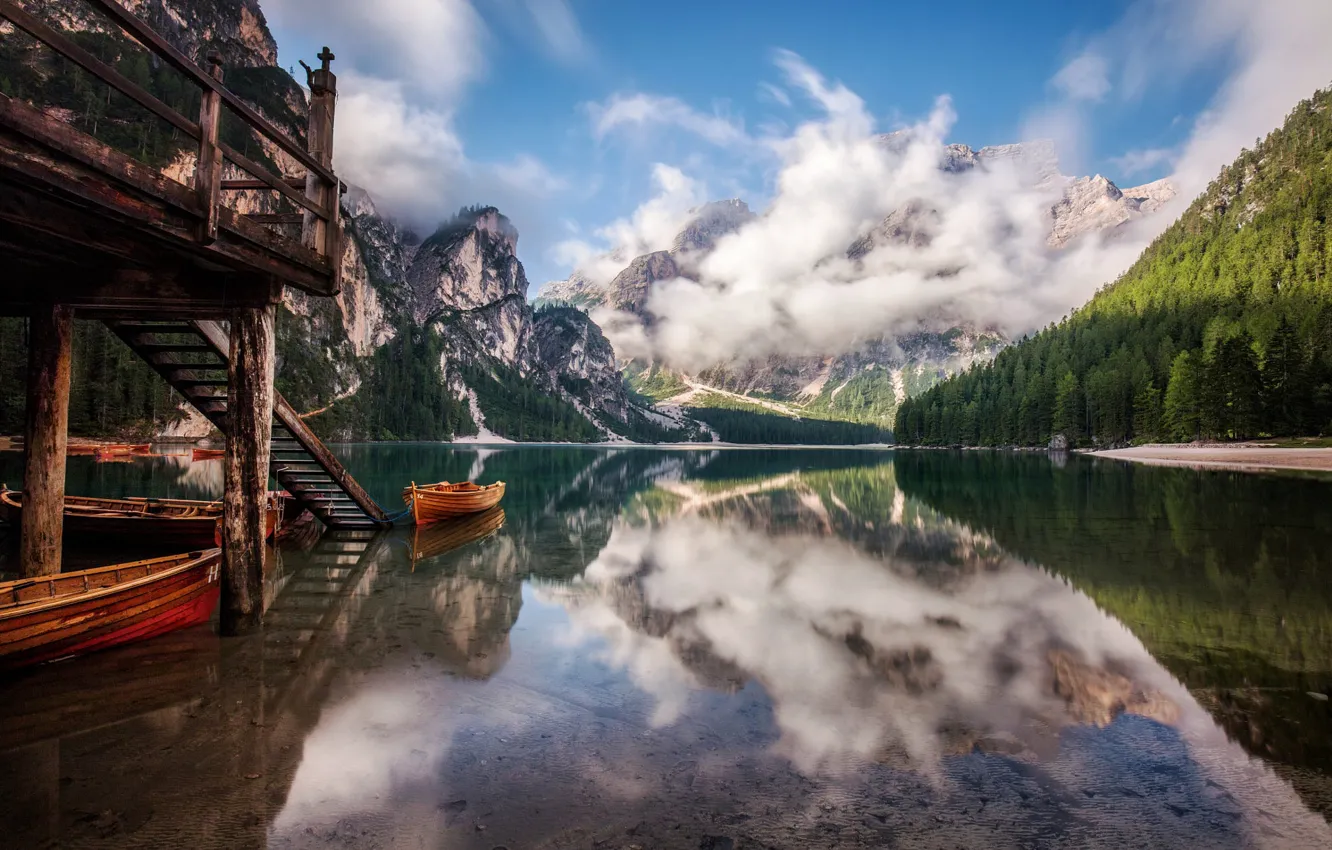 Photo wallpaper mountains, lake, shore, boat, pier, Alps, pierce