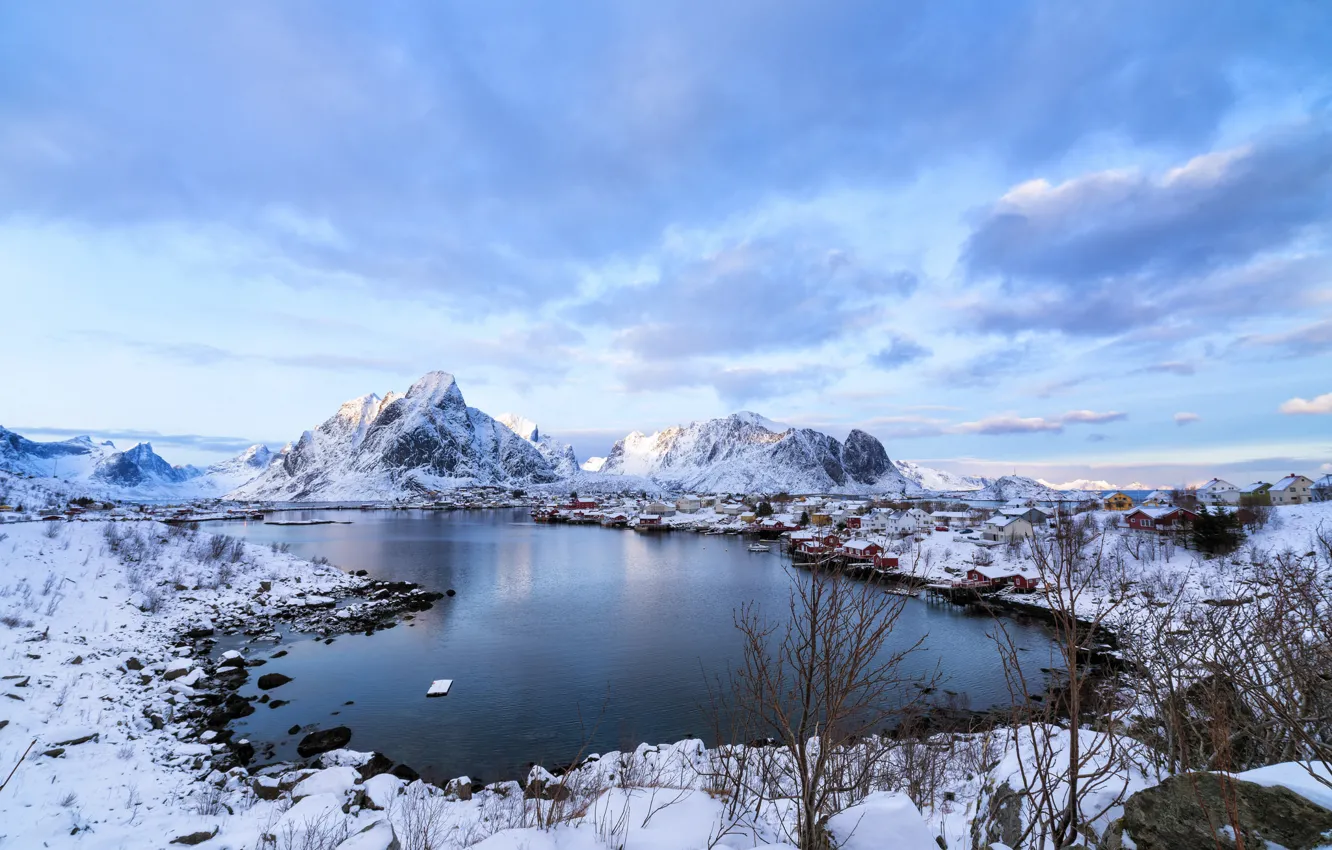 Photo wallpaper winter, sea, snow, mountains, home, Norway, the village, Lofoten