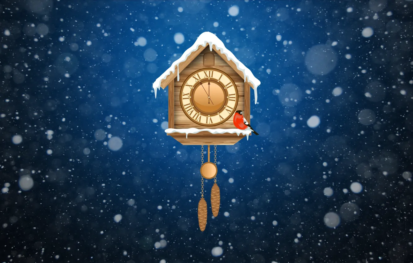 Photo wallpaper Winter, Minimalism, Snow, Watch, New Year, Background, Bullfinch, Holiday