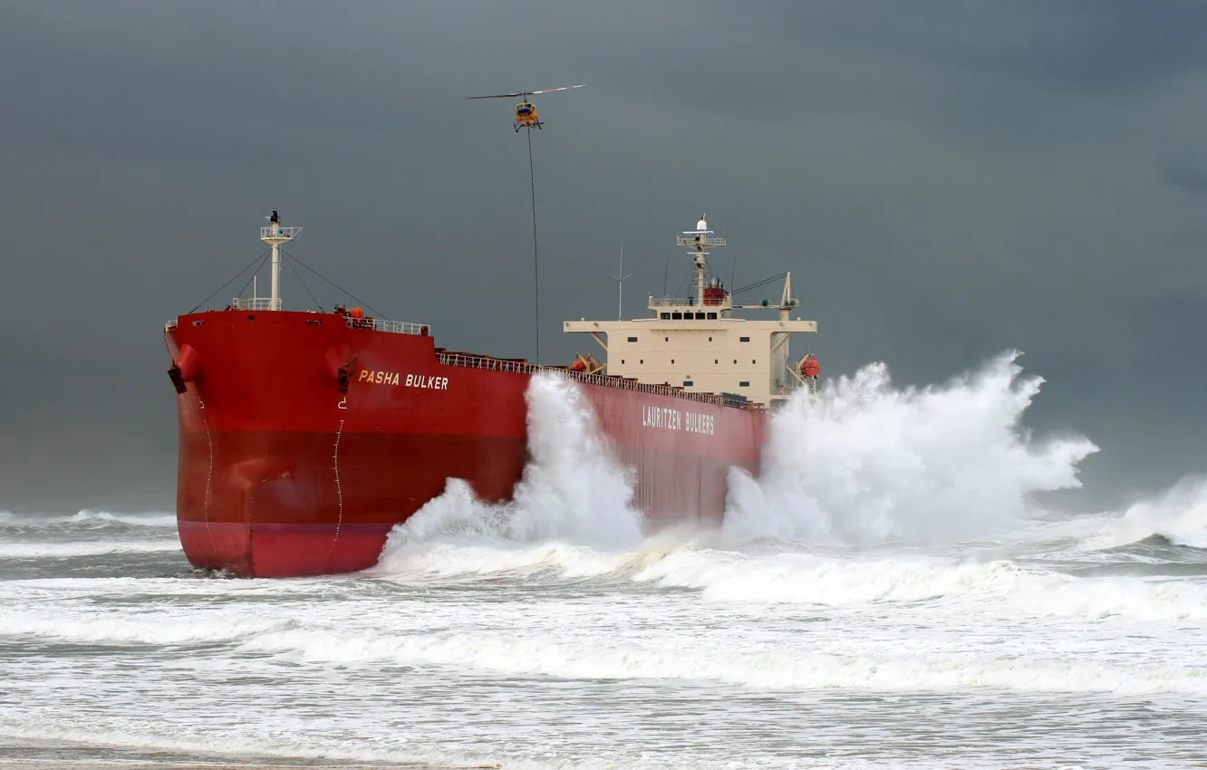 Photo wallpaper waves, storm, beach, ocean, seascape, helicopter, seaside, ship