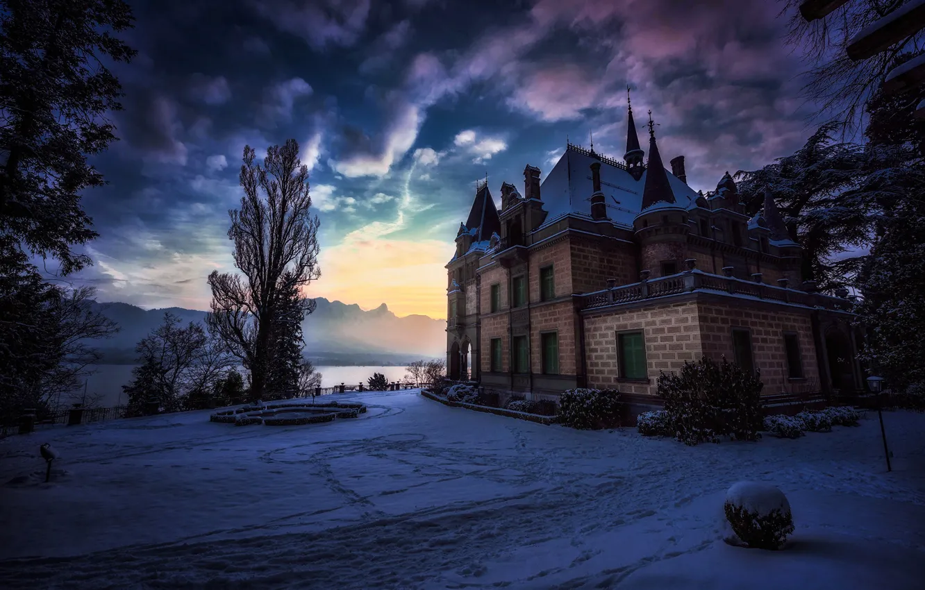 Photo wallpaper winter, mountains, castle, Switzerland, Switzerland, Hunegg Castle Hilterfingen