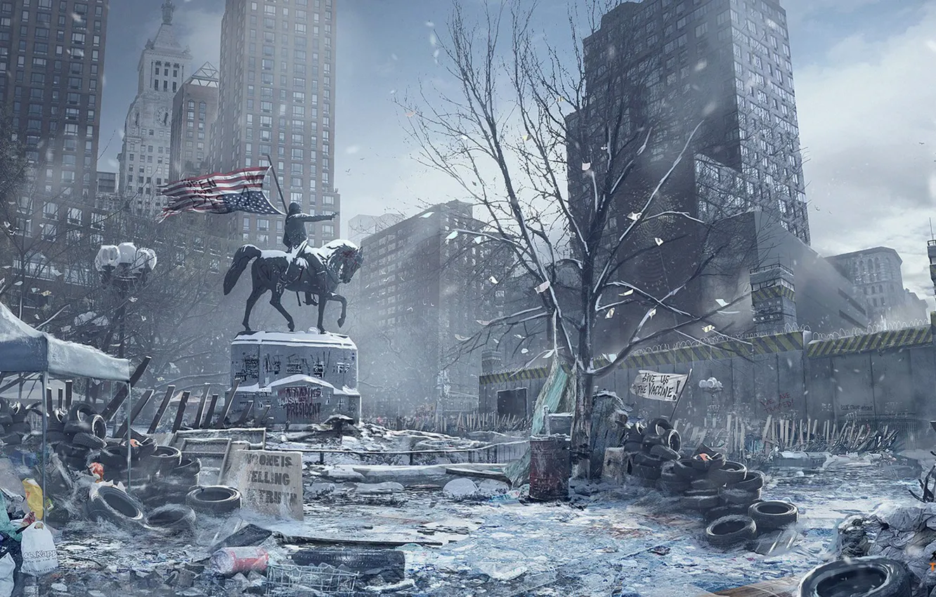 Photo wallpaper winter, snow, the city, horse, monument, Tom Clancy's The Division, The Division