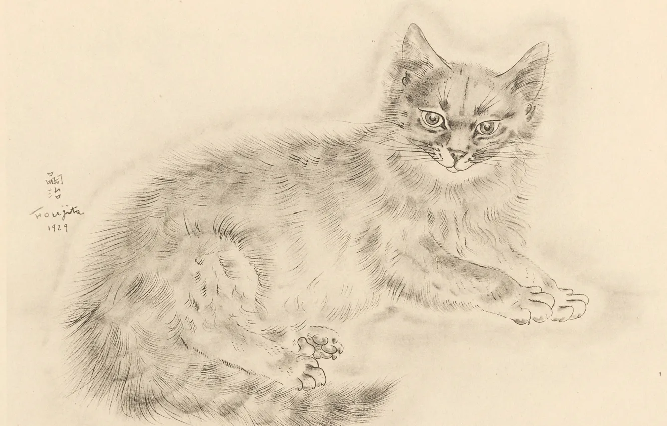 Photo wallpaper look, legs, tail, fluffy, 1929, Tsuguharu Foujita, The Book Of Cats