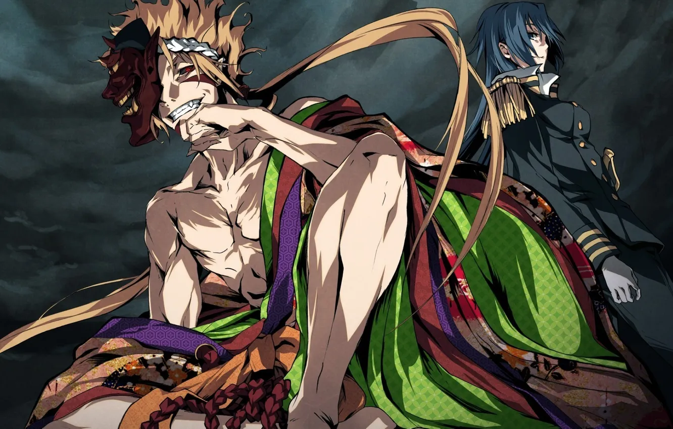 Photo wallpaper girl, clouds, mask, art, fangs, horns, guy, g yuusuke