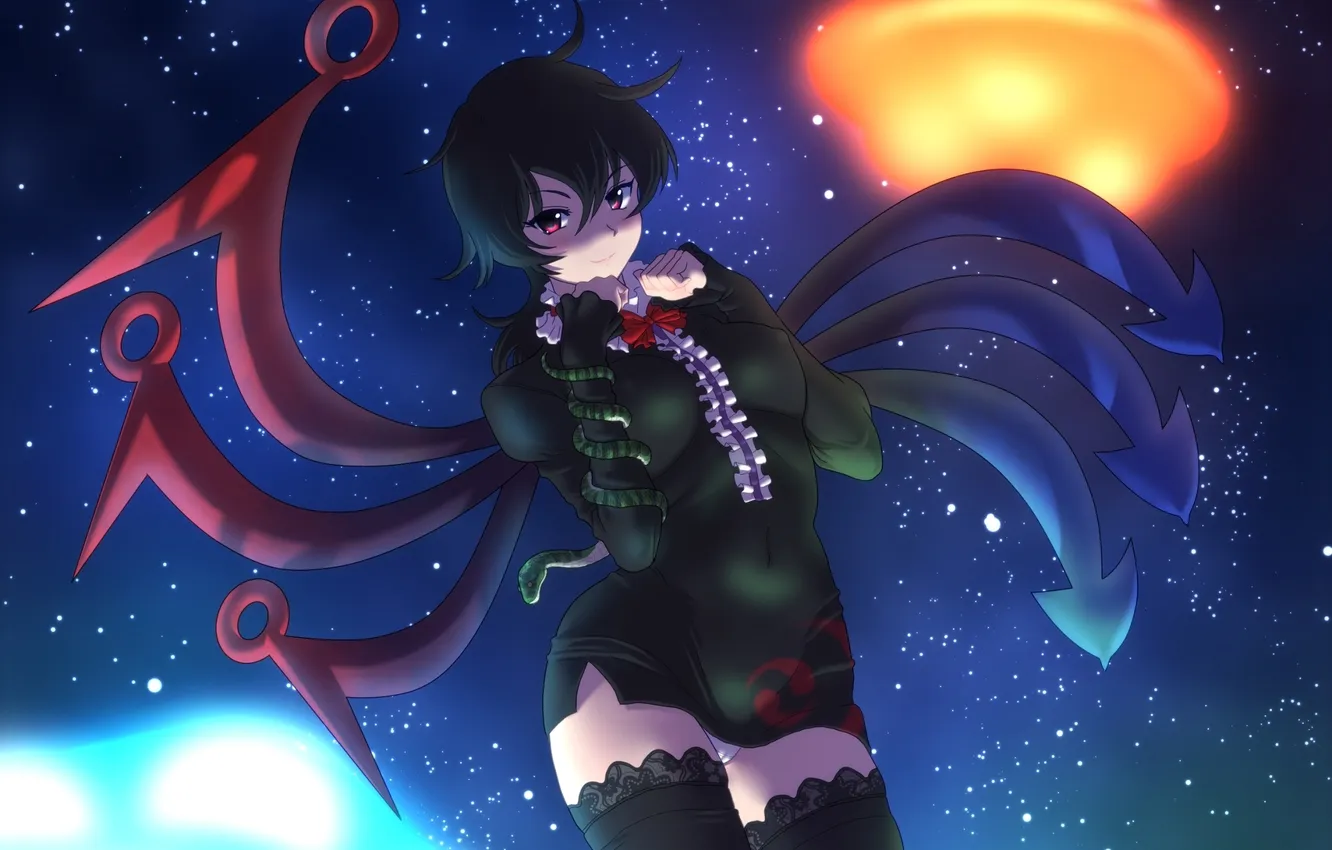 Photo wallpaper look, girl, space, smile, magic, panties, wings, touhou