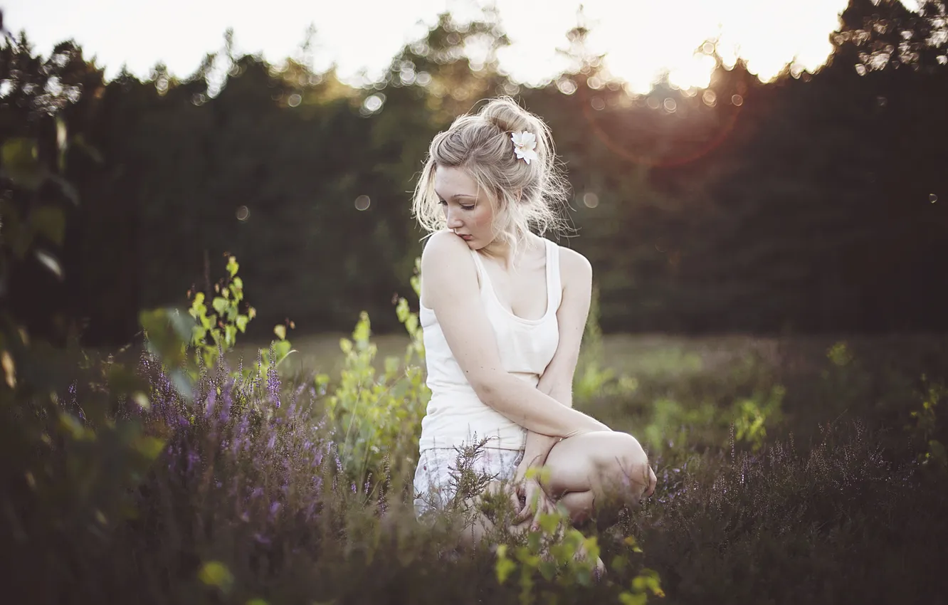 Photo wallpaper grass, girl, flowers, glade, morning, blonde