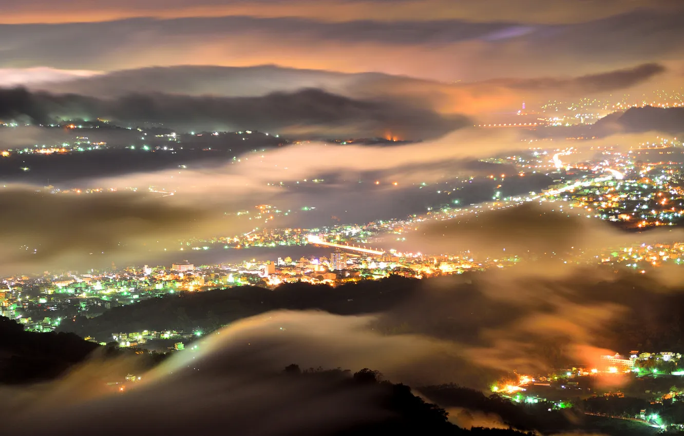 Photo wallpaper night, the city, lights, fog, haze