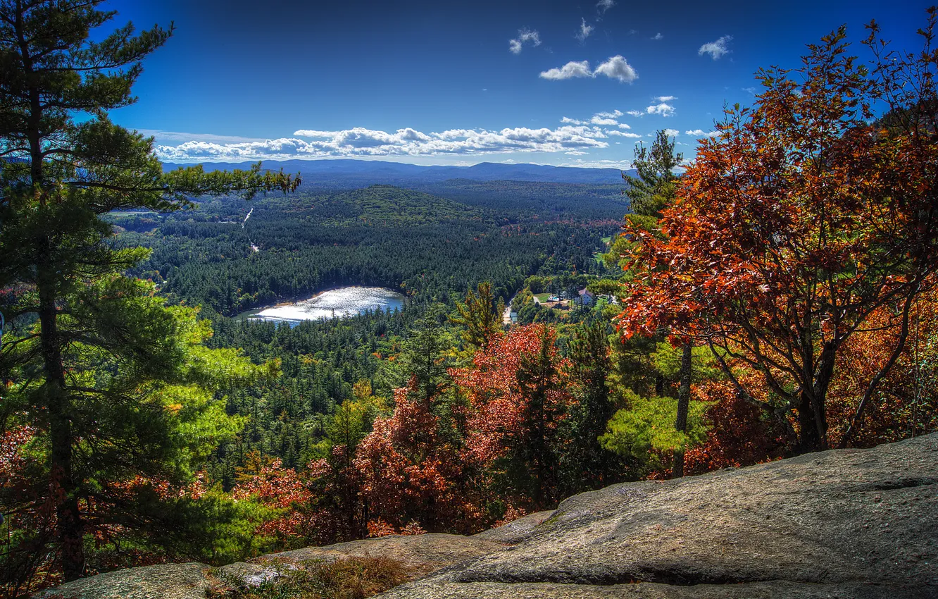 Photo wallpaper forest, clouds, trees, mountains, lake, panorama, USA, North Conway