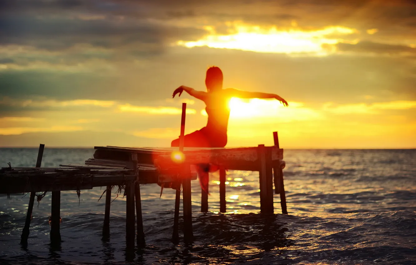 Photo wallpaper sea, girl, sunset, bridge