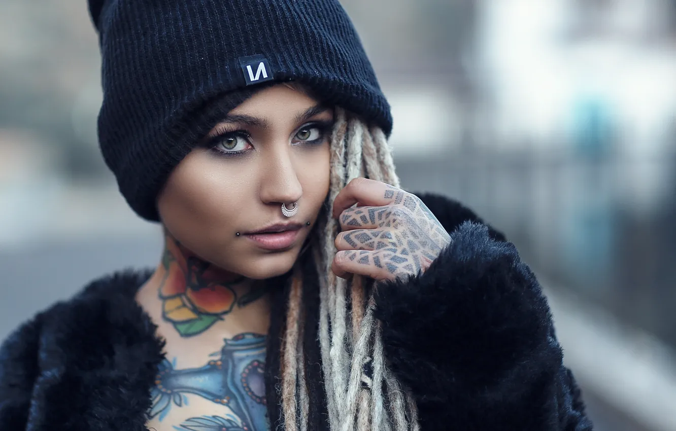 Photo wallpaper look, girl, face, style, model, makeup, piercing, tattoo