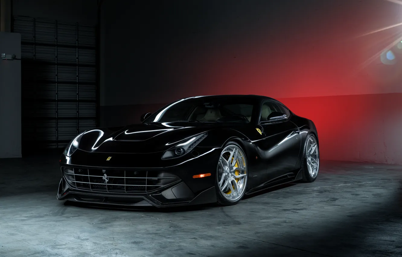 Photo wallpaper Ferrari, Power, Front, Black, Supercar, Berlinetta, F12, Wheels