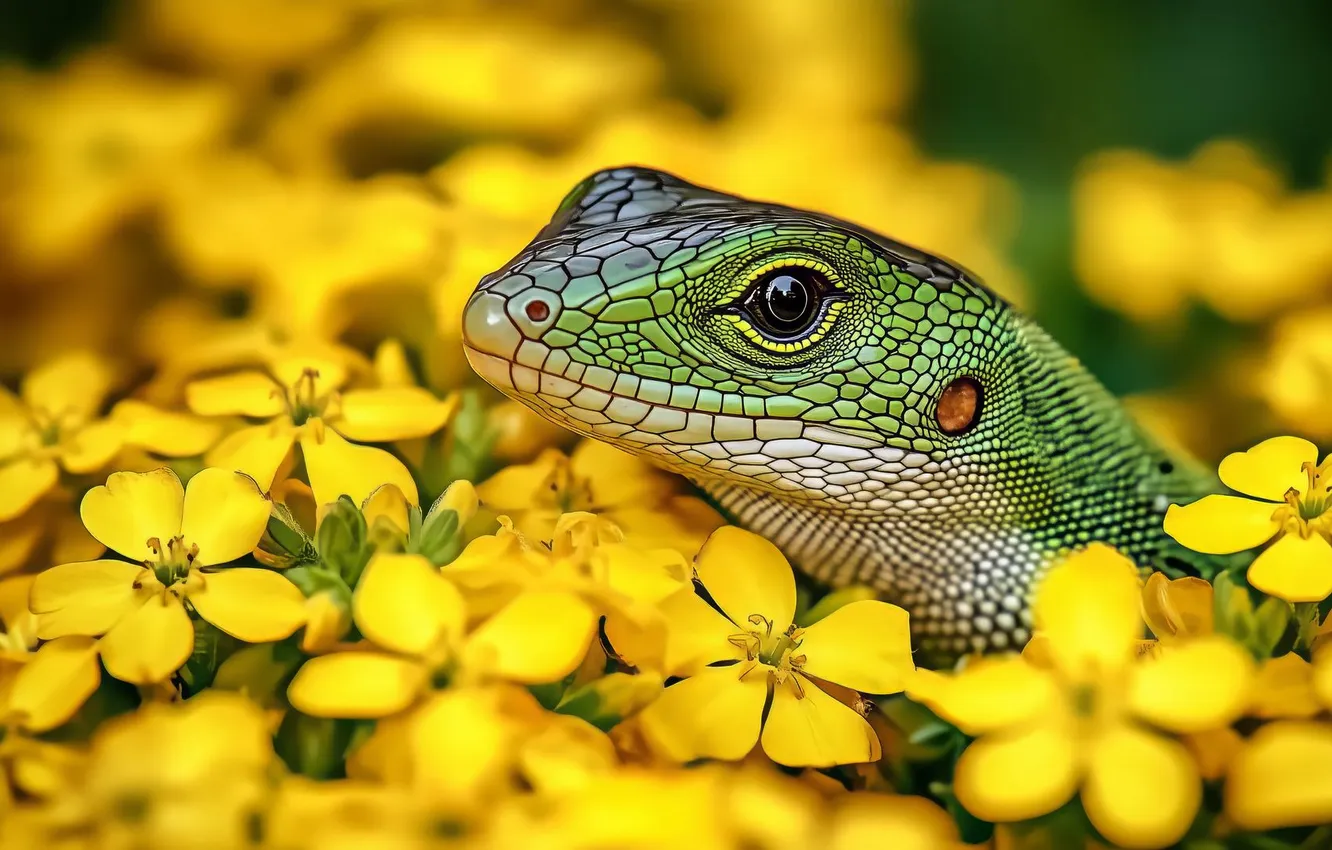 Photo wallpaper flowers, yellow, head, scales, lizard