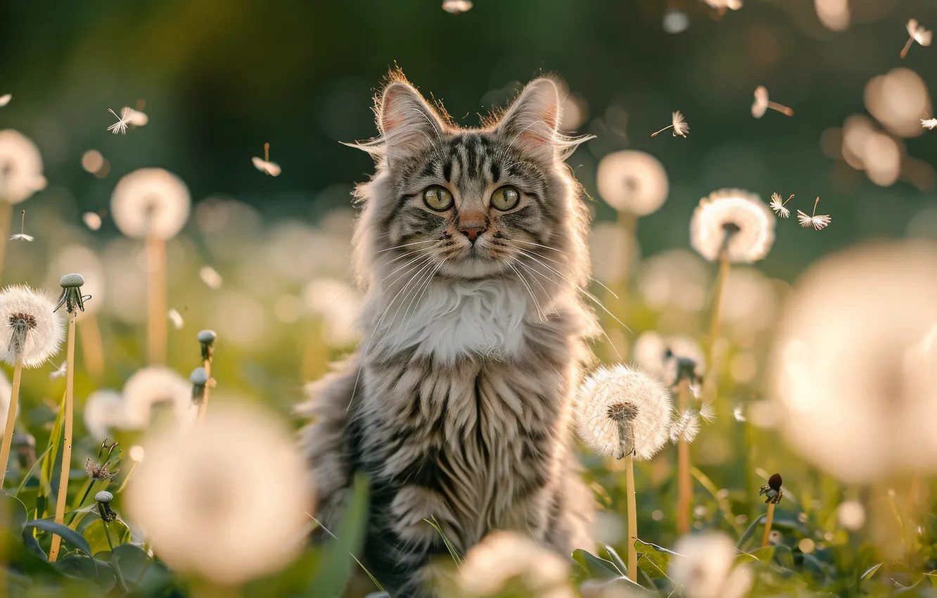 Photo wallpaper cat, summer, cat, look, flowers, pose, grey, dandelion