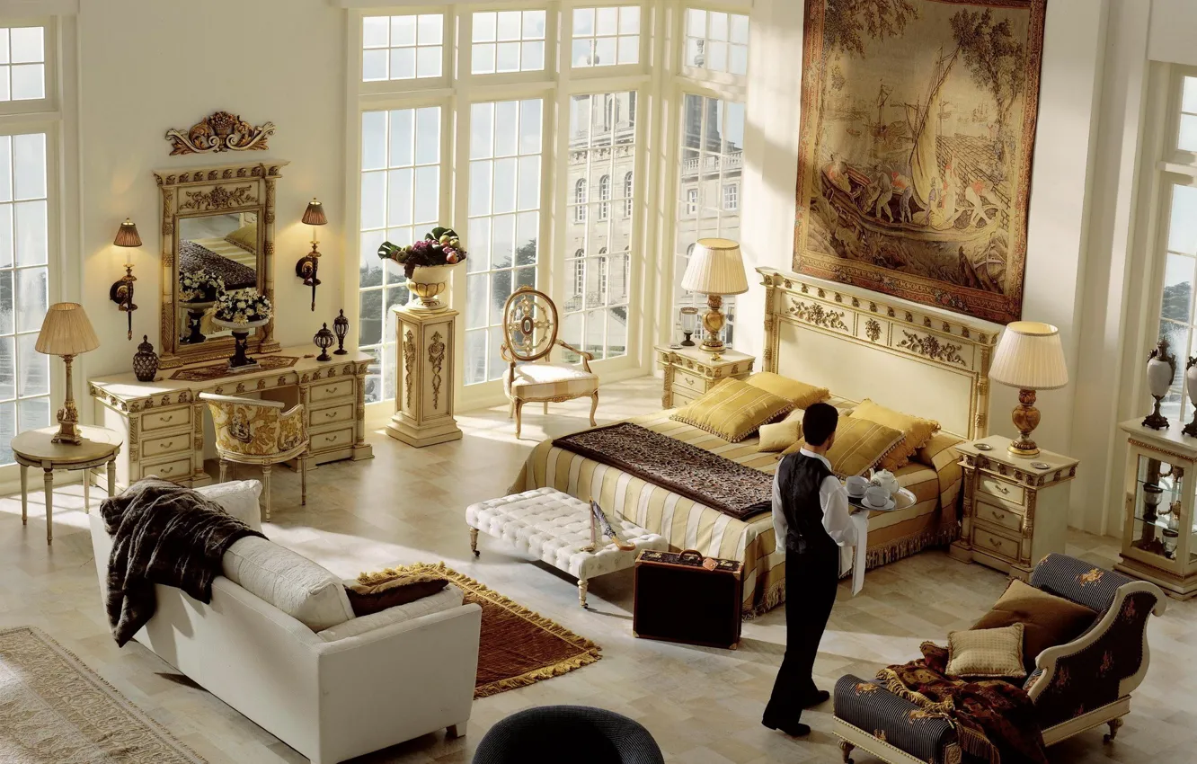 Photo wallpaper design, style, room, sofa, carpet, furniture, people, lamp