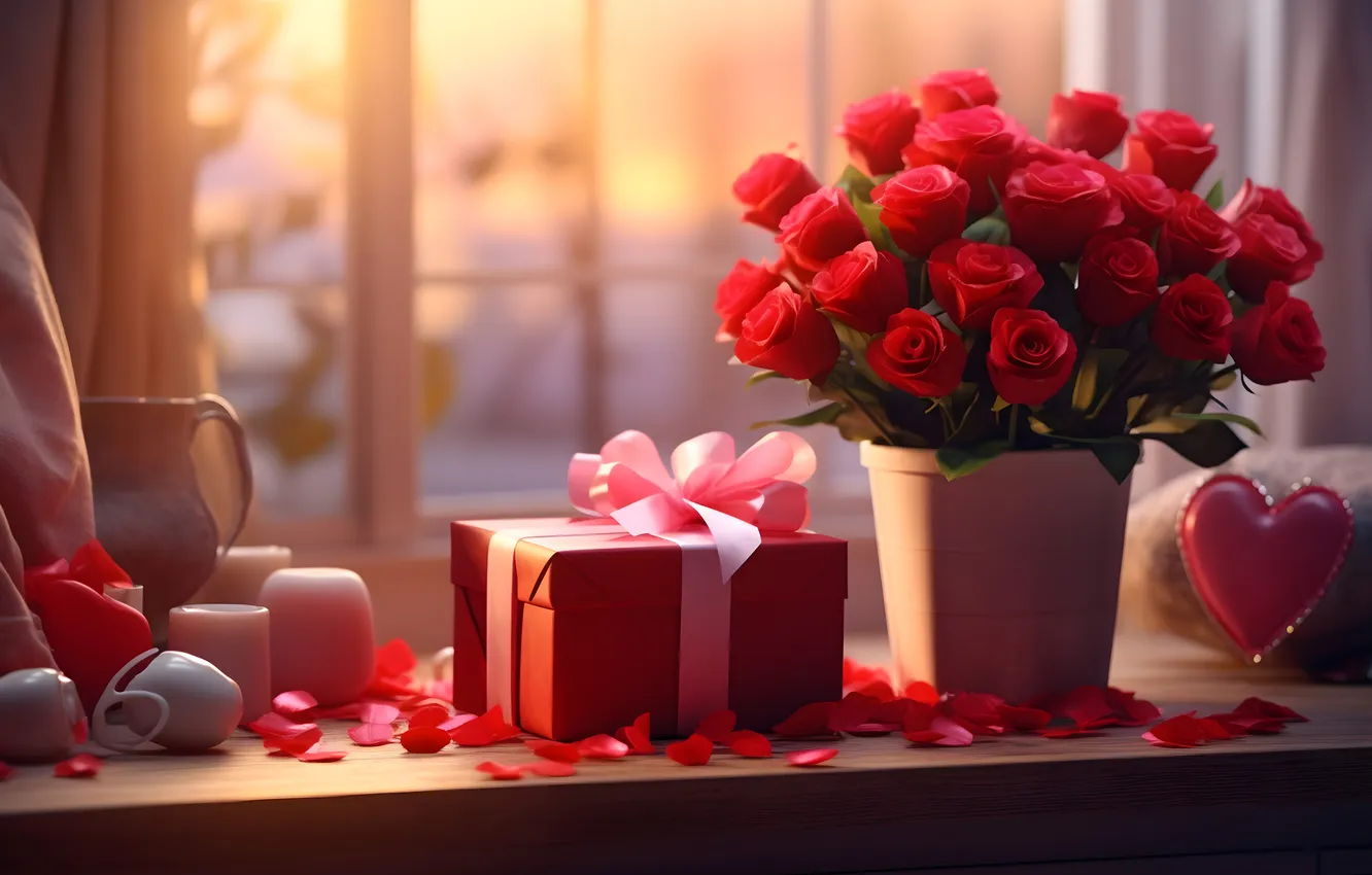 Photo wallpaper love, flowers, gift, romance, heart, roses, love, Valentine's day