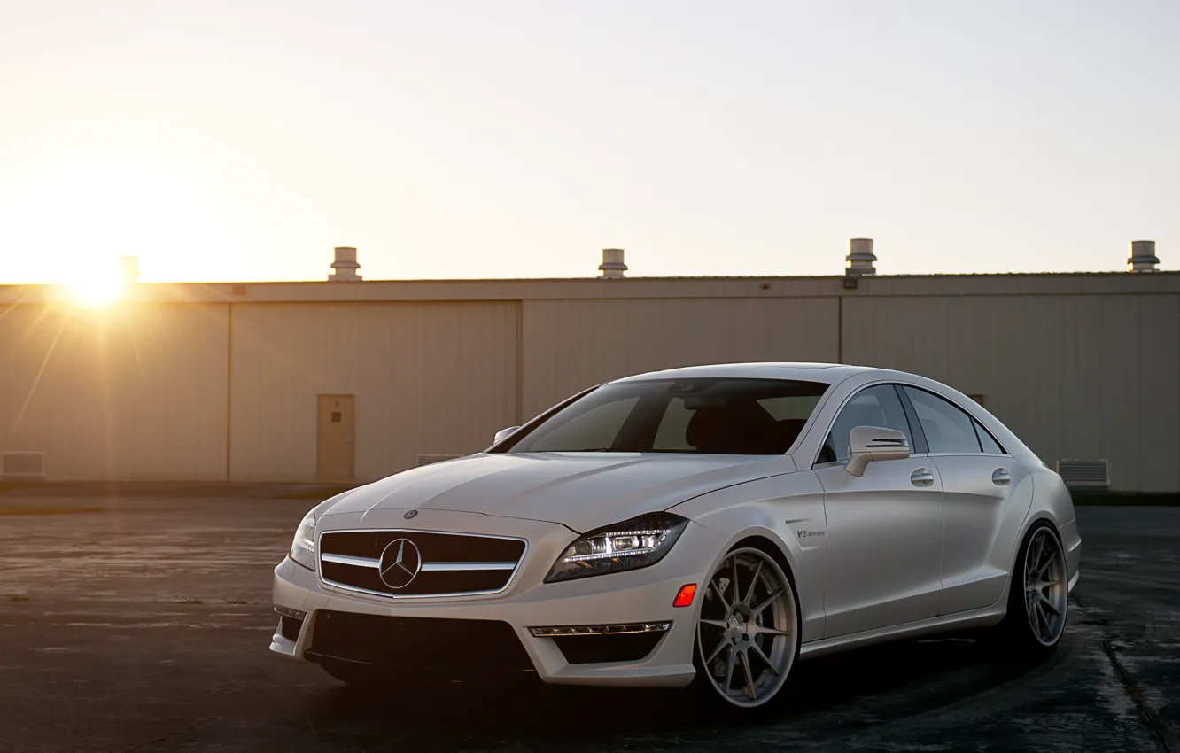 Photo wallpaper white, the sun, sunset, Mercedes-Benz, white, Blik, AMG, the front part