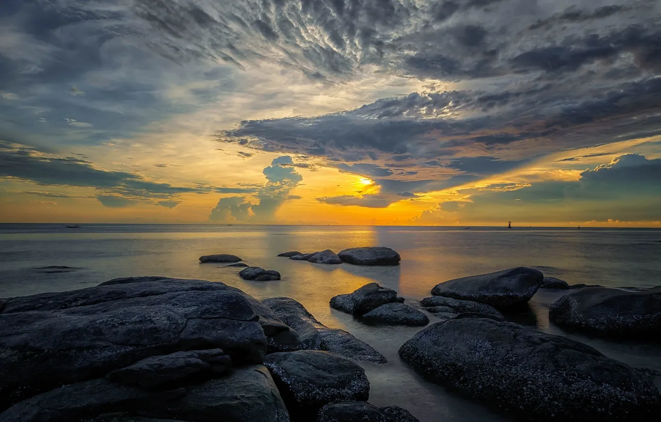 Photo wallpaper sea, sunset, stones, coast