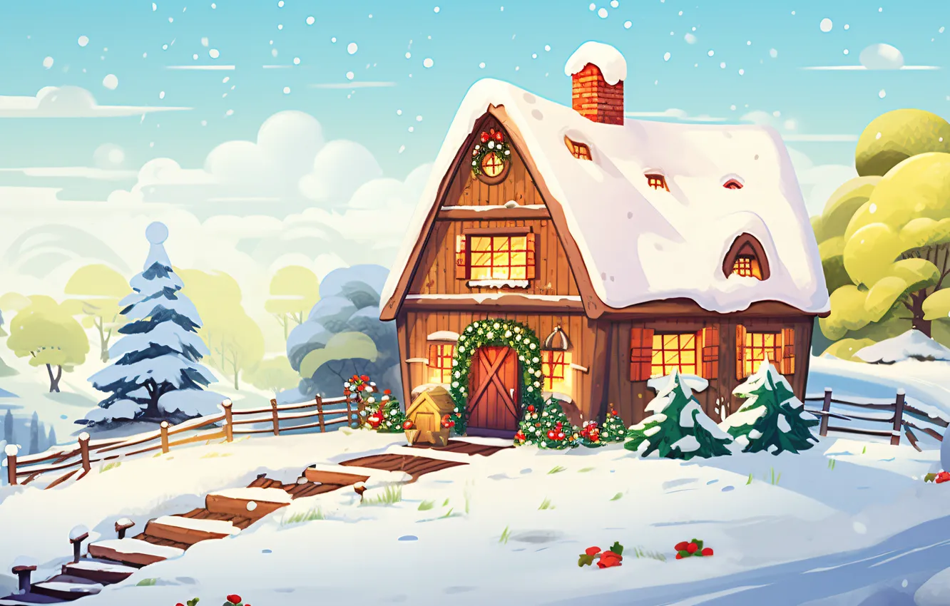 Photo wallpaper winter, snow, holiday, graphics, tree, new year, home, Christmas