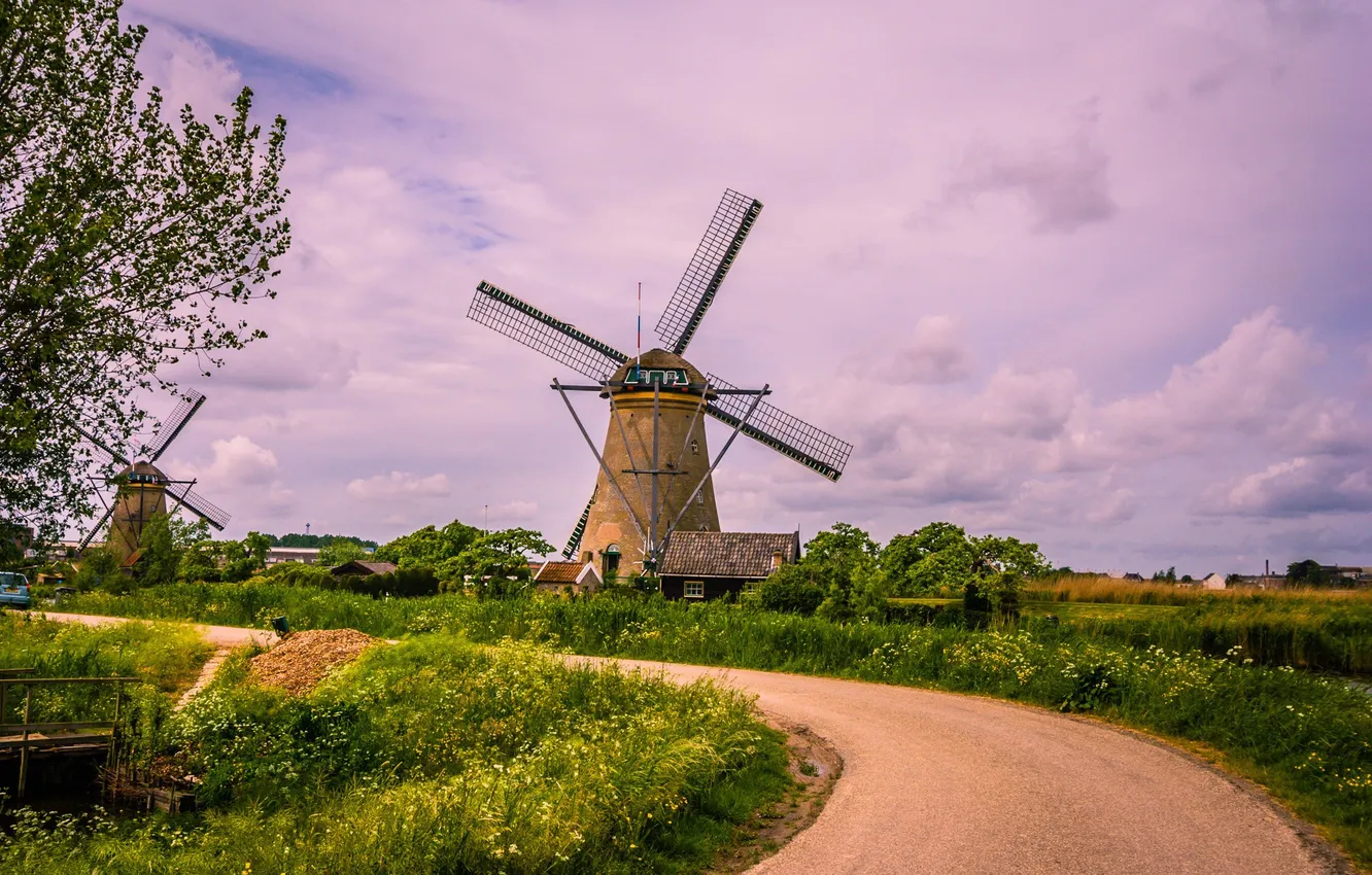 Photo wallpaper road, field, the sky, clouds, landscape, sunset, nature, plant