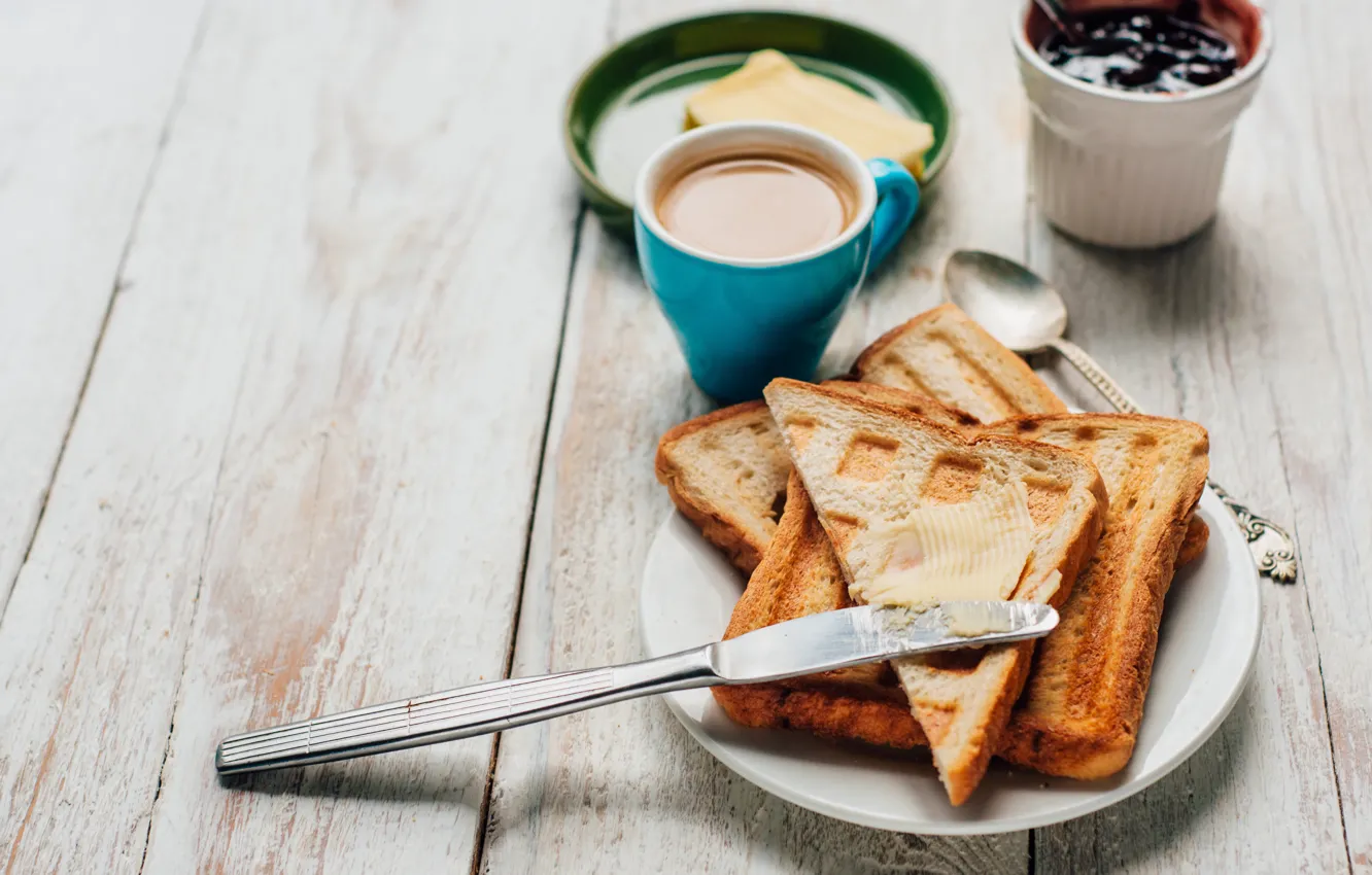 Photo wallpaper coffee, Breakfast, Cup, jam, toast