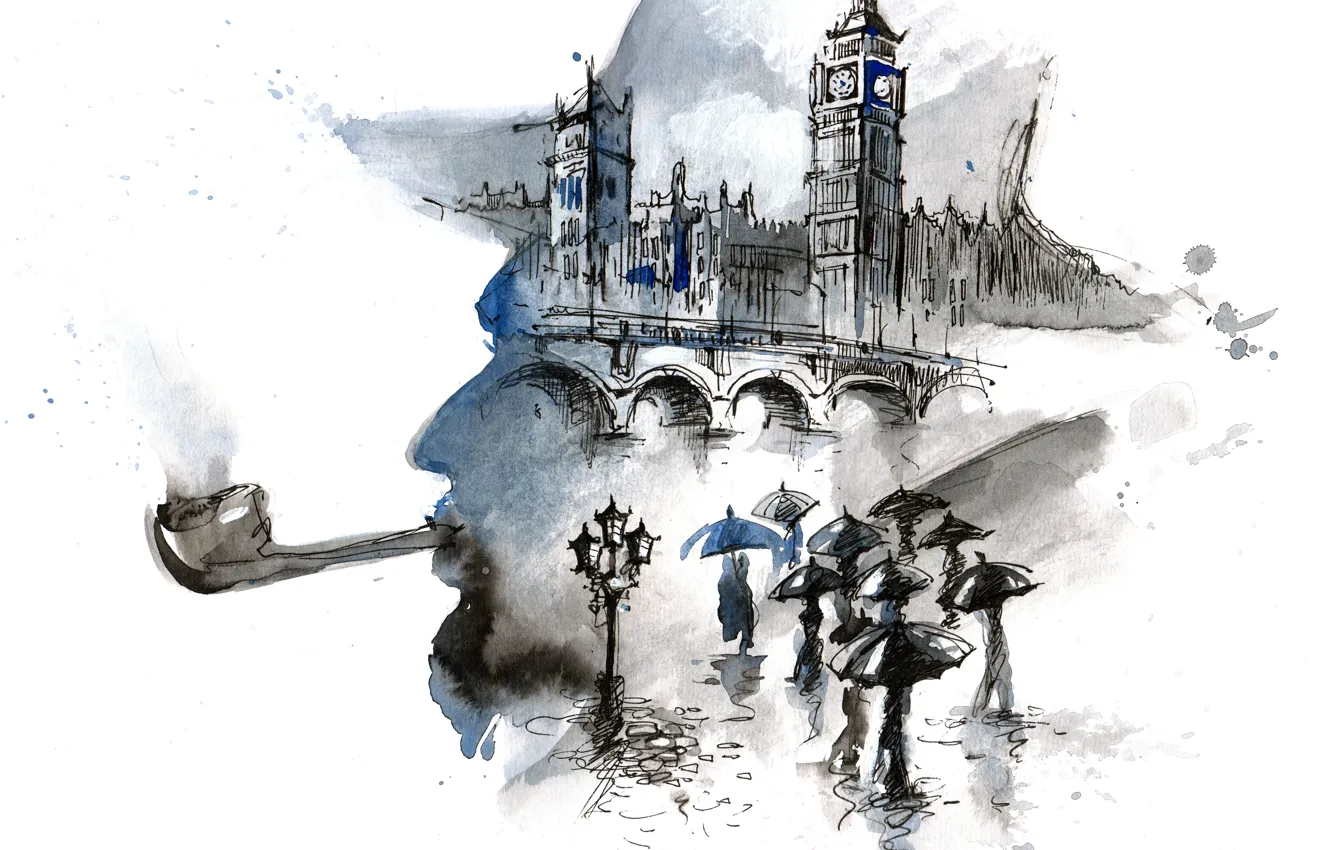 Photo wallpaper bridge, people, rain, London, umbrellas, painting, Big Ben