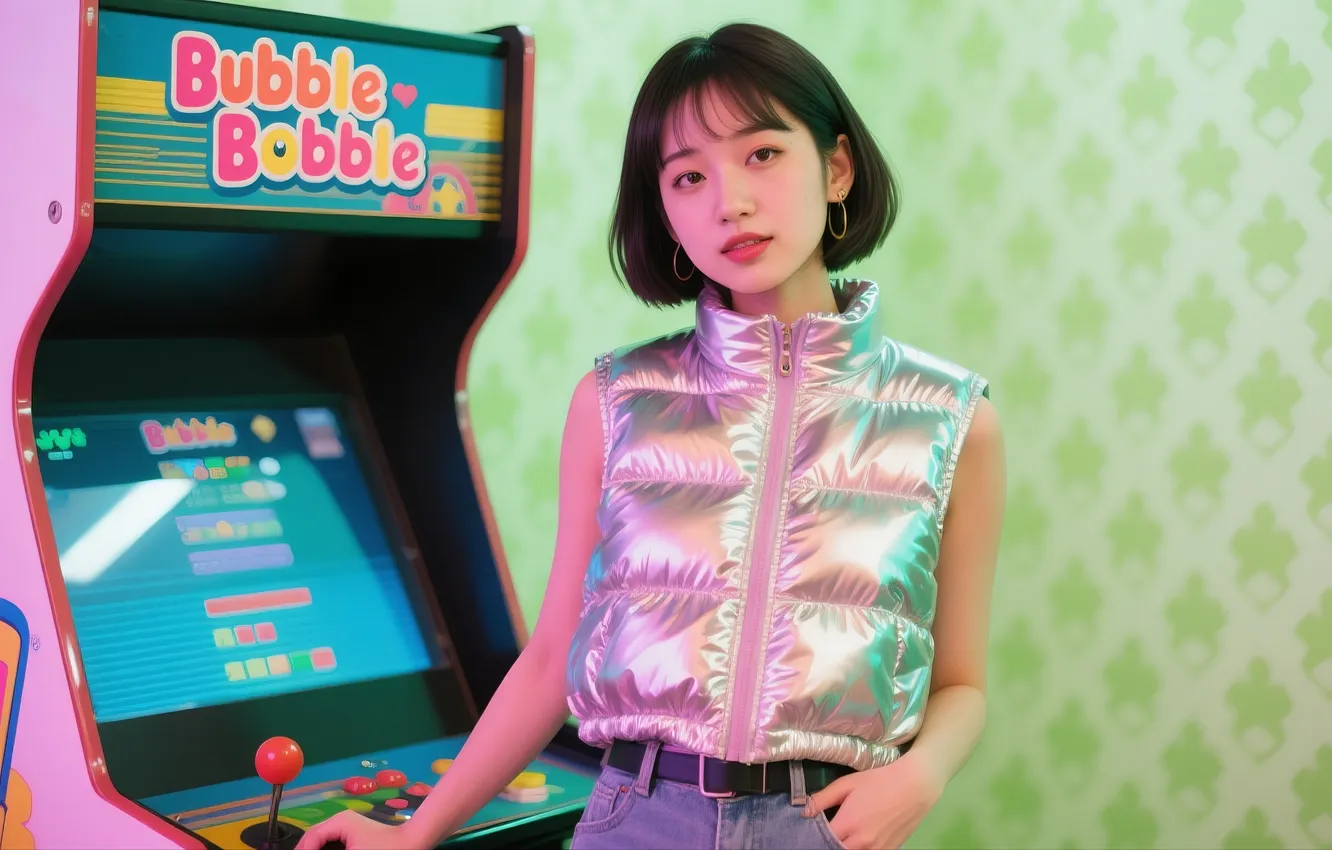 Photo wallpaper green, fashion, arcade, vest, AI Art, retro console, 1990s