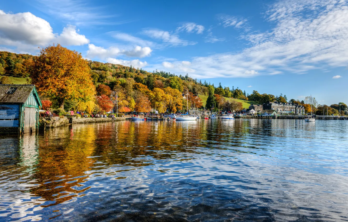 Photo wallpaper the sky, trees, river, boat, people, England, yacht