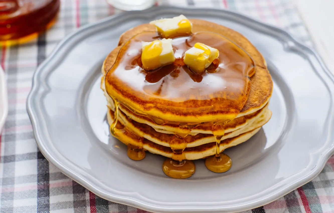 Photo wallpaper oil, honey, plate, pancakes, the dough