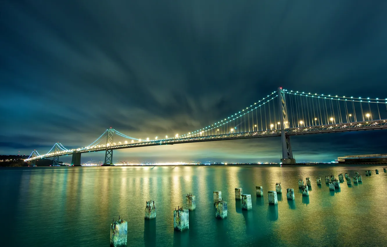 Photo wallpaper night, bridge, the city, lights, USA, San Francisco