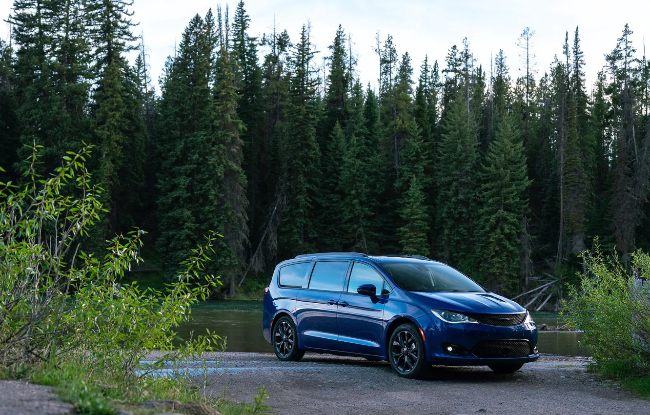 Photo wallpaper auto, forest, blue, river, Chrysler, Pacifica Limited