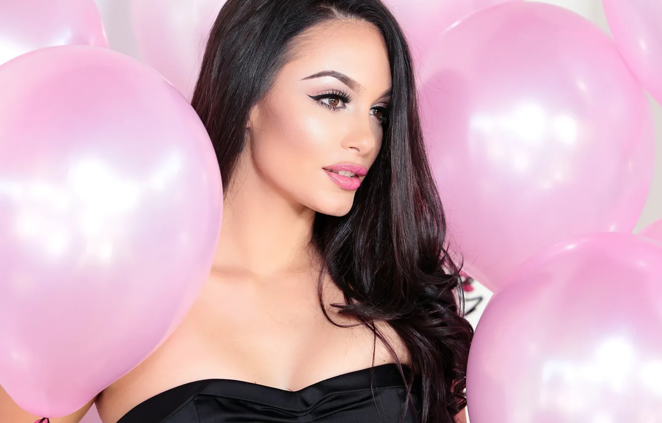 Photo wallpaper girl, balls, face, black, hair, brunette, lips, girl