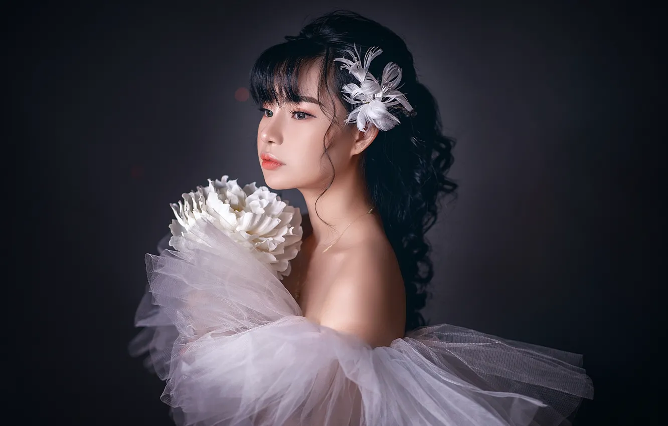 Photo wallpaper girl, decoration, bouquet, Asian, cutie