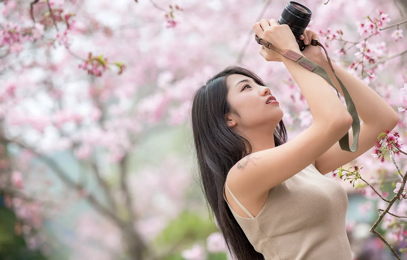 Photo wallpaper girl, spring, camera, Asian, flowering, cutie