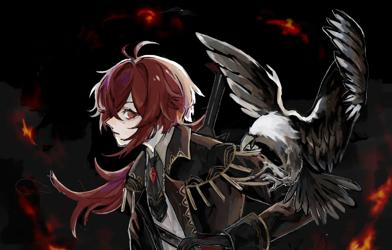 Photo wallpaper lights, bird, Genshin Impact, Diluc