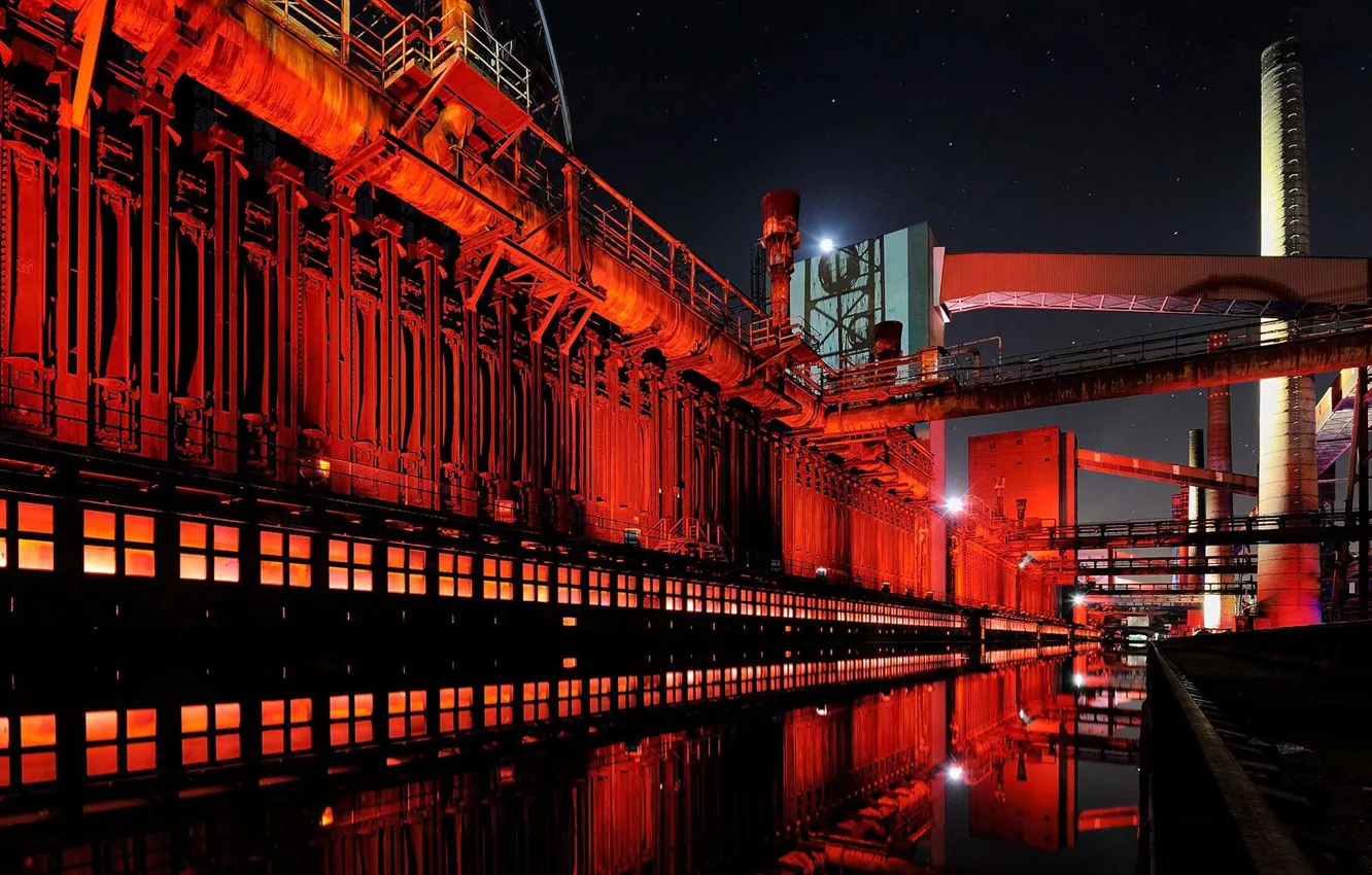 Photo wallpaper night, lights, plant, industry, industry, Germany, North Rhine-Westphalia, Essen