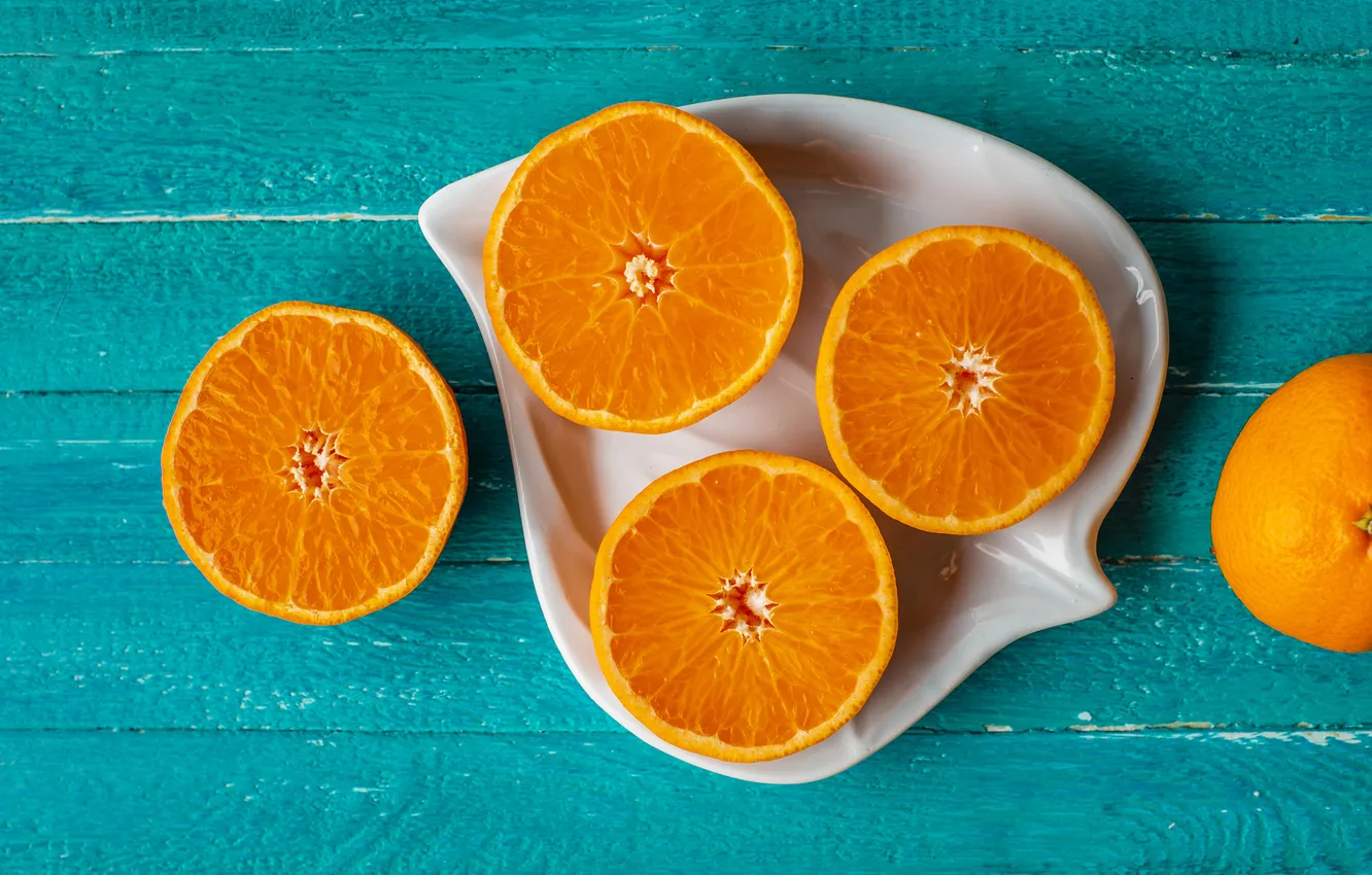 Photo wallpaper Board, orange, plate, fruit, halves, slices, composition, tangerines