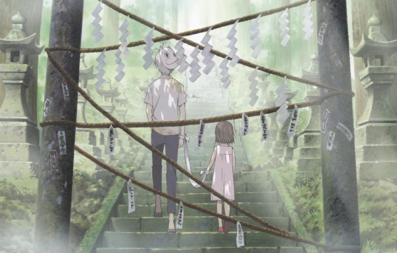 Photo wallpaper children, rope, mask, lights, ladder, enchanted forest, from the back, Gin