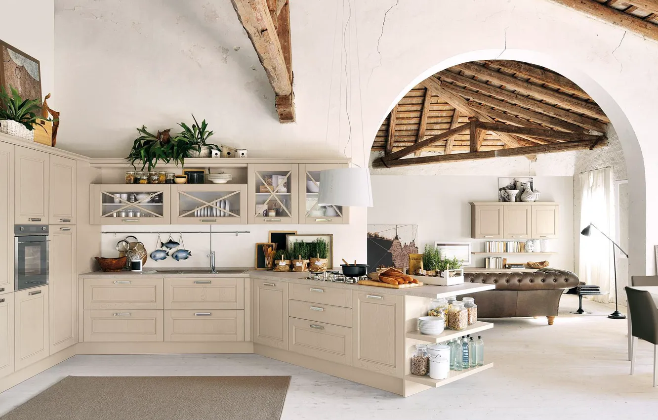 Photo wallpaper style, interior, kitchen, living room, dining room, Italian design, Kitchen Rieka