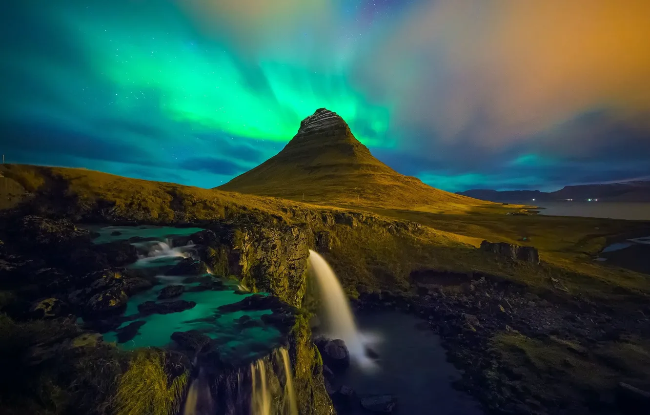 Photo wallpaper landscape, mountains, waterfall, beauty, space, Iceland, polar lights, Kirkjufell