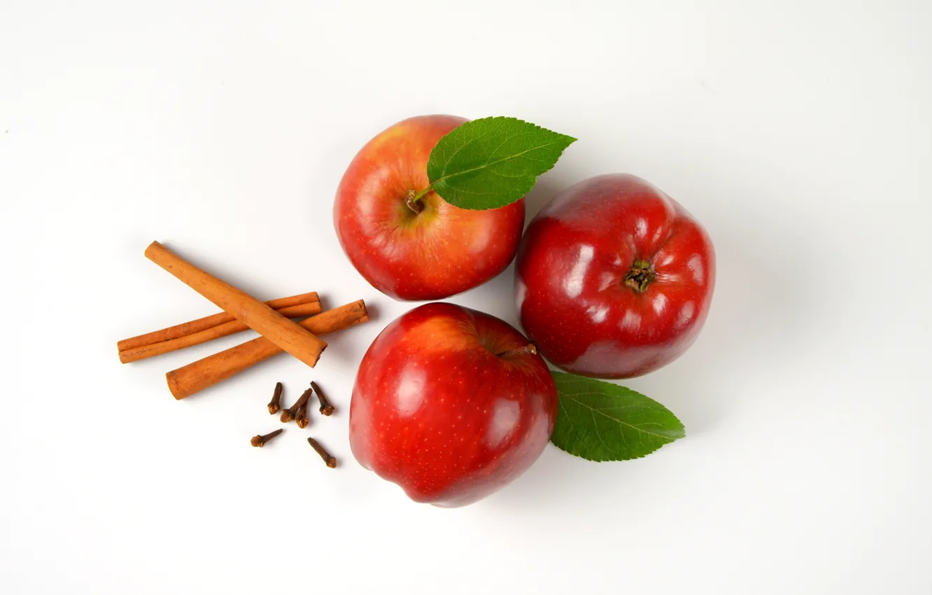 Photo wallpaper leaves, red, apples, three, white background, fruit, cinnamon
